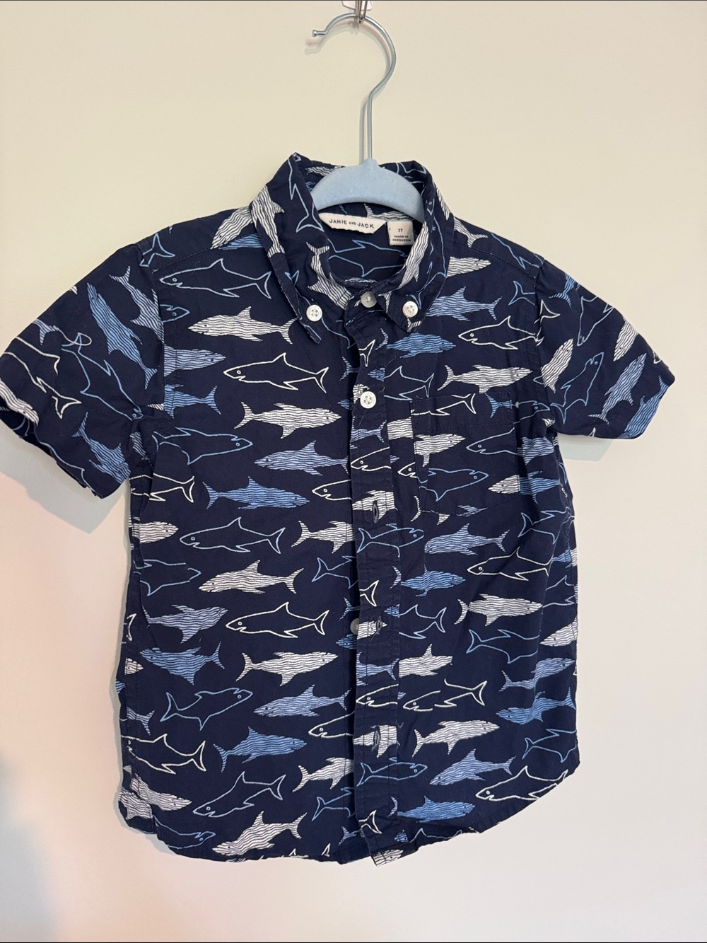 Janie and Jack Navy and Light Blue Shark Button-Down Shirt